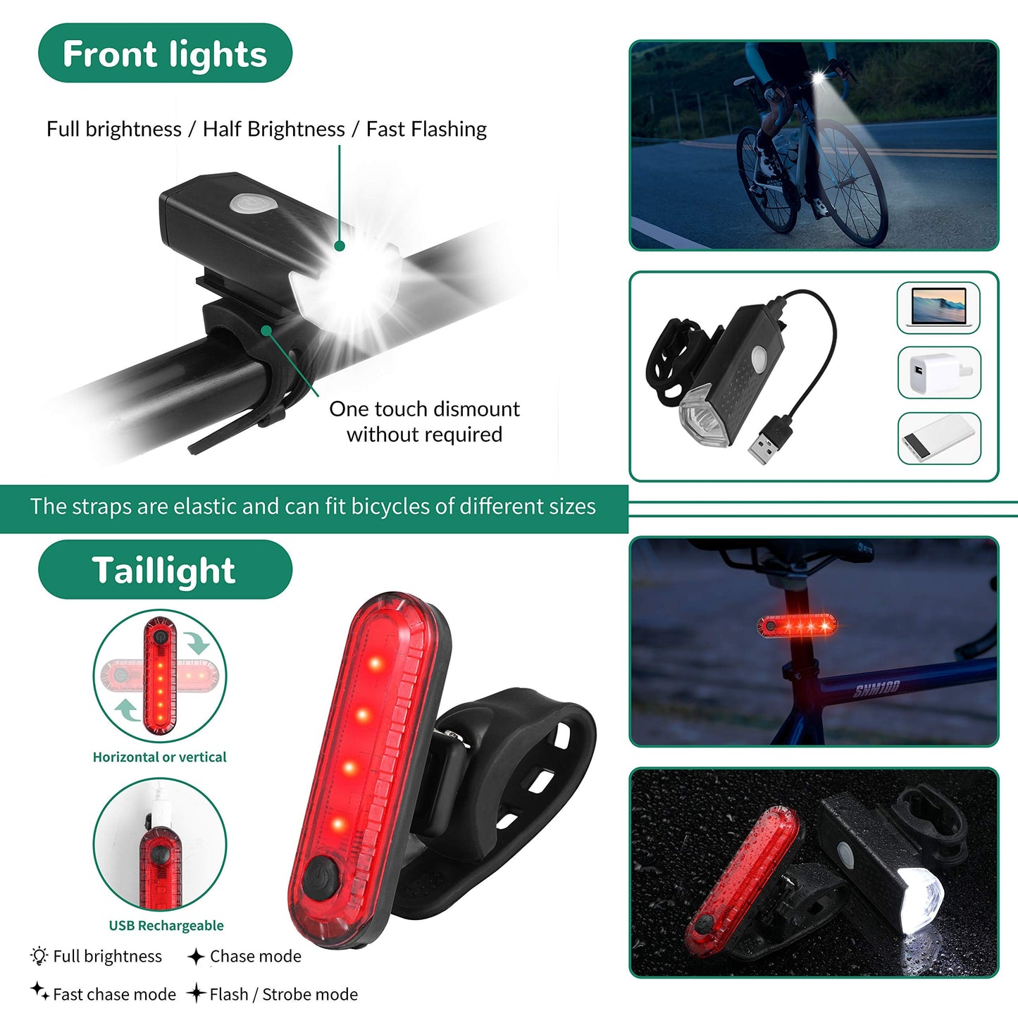 8 Pack Bicycle Accessories, Bike Light Set USB Rechargeable, 1 Bike Water Bottle Holder, Bike Bag and 1 Bike Aluminum Bicycle Bell,Pump