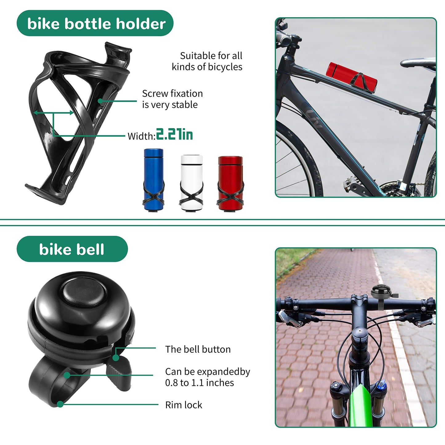 8 Pack Bicycle Accessories, Bike Light Set USB Rechargeable, 1 Bike Water Bottle Holder, Bike Bag and 1 Bike Aluminum Bicycle Bell,Pump