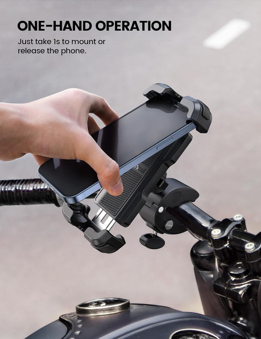 Motorcycle Phone Mount, Bike Phone Holder - Upgrade Quick Install Handlebar Clip for Bicycle Scooter, Cell Phone Clamp for iPhone 15 Pro Max / 14/13, Galaxy S10 and More 4.7-6.8" Phone