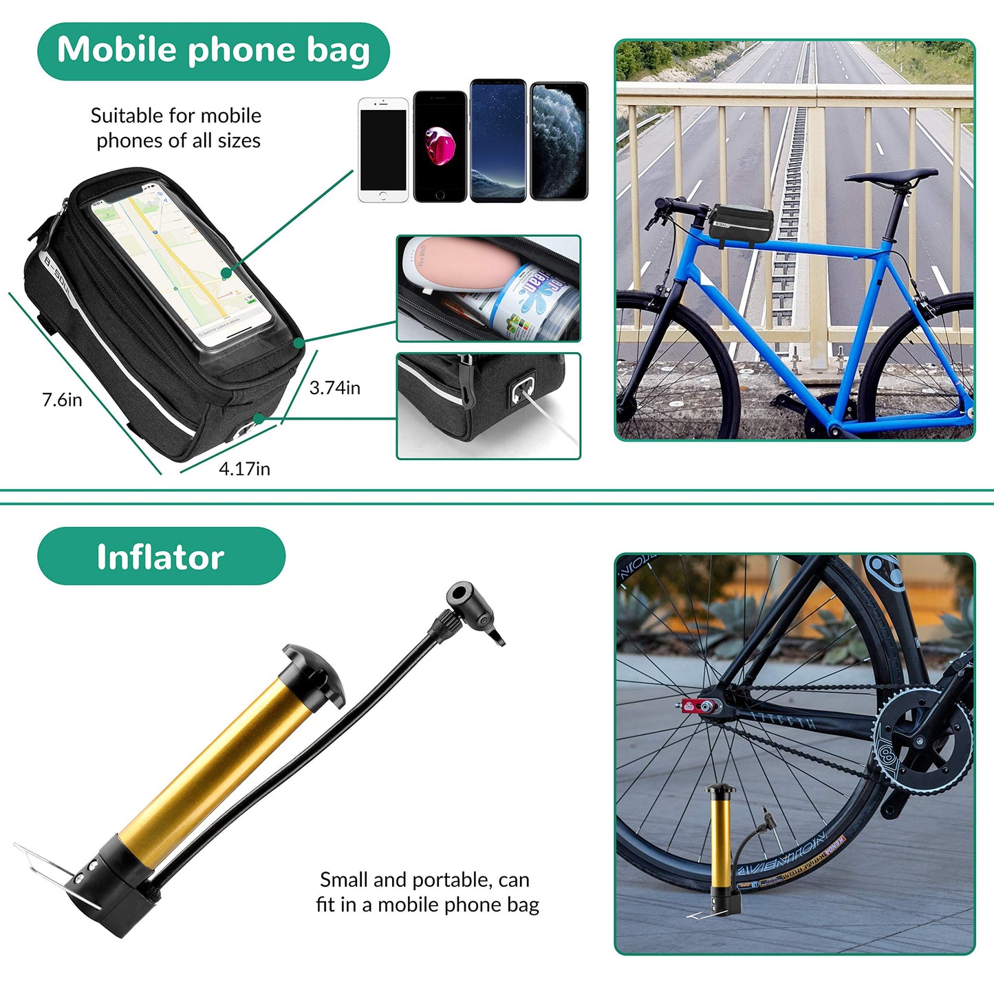 8 Pack Bicycle Accessories, Bike Light Set USB Rechargeable, 1 Bike Water Bottle Holder, Bike Bag and 1 Bike Aluminum Bicycle Bell,Pump